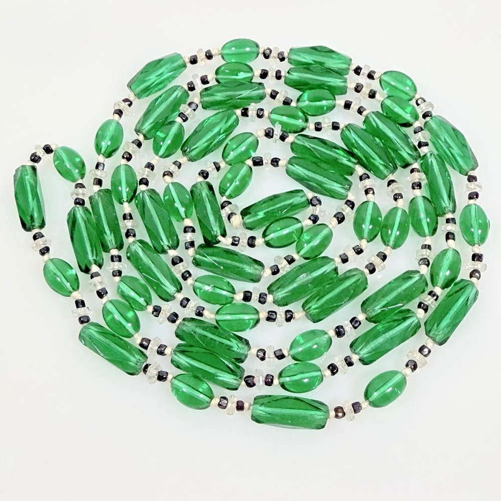 Vintage Green Art Glass Beaded Necklace 56" Endless Long Strand Czech Style